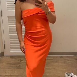 Orange one shoulder midi dress